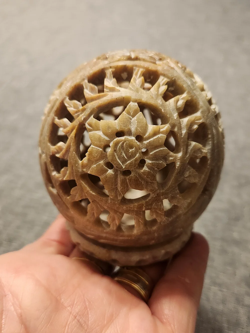 Handcrafted Carved Soapstone Tealight Holder With Floral Cutouts
